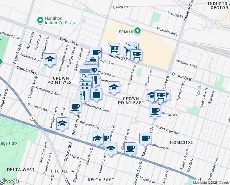 map of restaurants, bars, coffee shops, grocery stores, and more near 90 Britannia Avenue in Hamilton