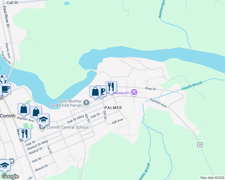 map of restaurants, bars, coffee shops, grocery stores, and more near 505 Palmer Avenue in Corinth