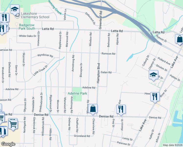 map of restaurants, bars, coffee shops, grocery stores, and more near 220 Hampton Boulevard in Rochester