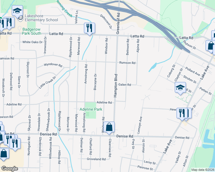 map of restaurants, bars, coffee shops, grocery stores, and more near 220 Hampton Boulevard in Rochester