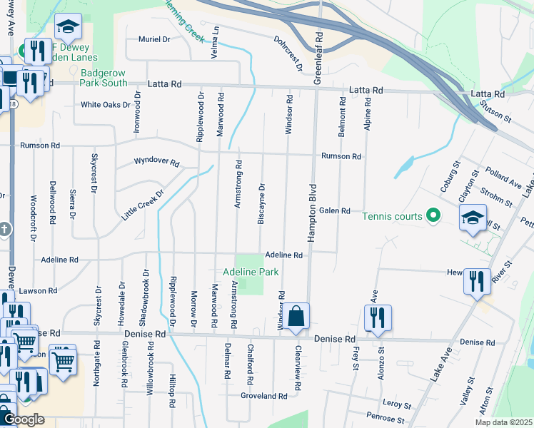map of restaurants, bars, coffee shops, grocery stores, and more near 220 Windsor Road in Rochester