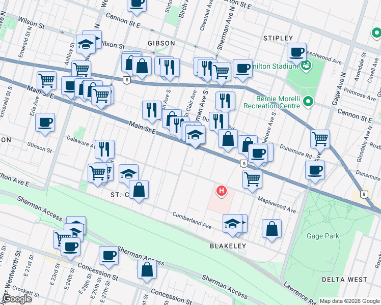 map of restaurants, bars, coffee shops, grocery stores, and more near 133 Sherman Avenue South in Hamilton