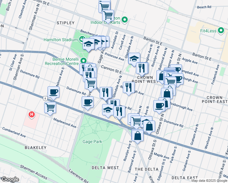 map of restaurants, bars, coffee shops, grocery stores, and more near 41 Glendale Avenue North in Hamilton