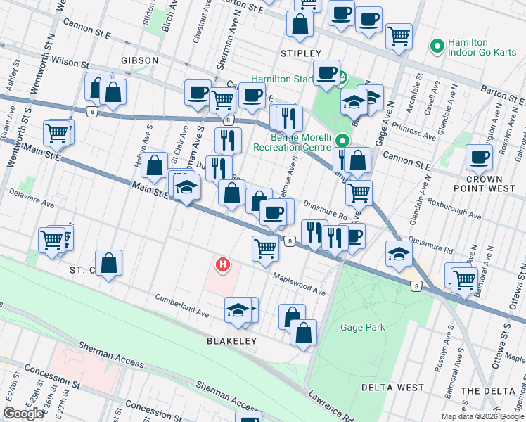 map of restaurants, bars, coffee shops, grocery stores, and more near 107 Spadina Avenue in Hamilton
