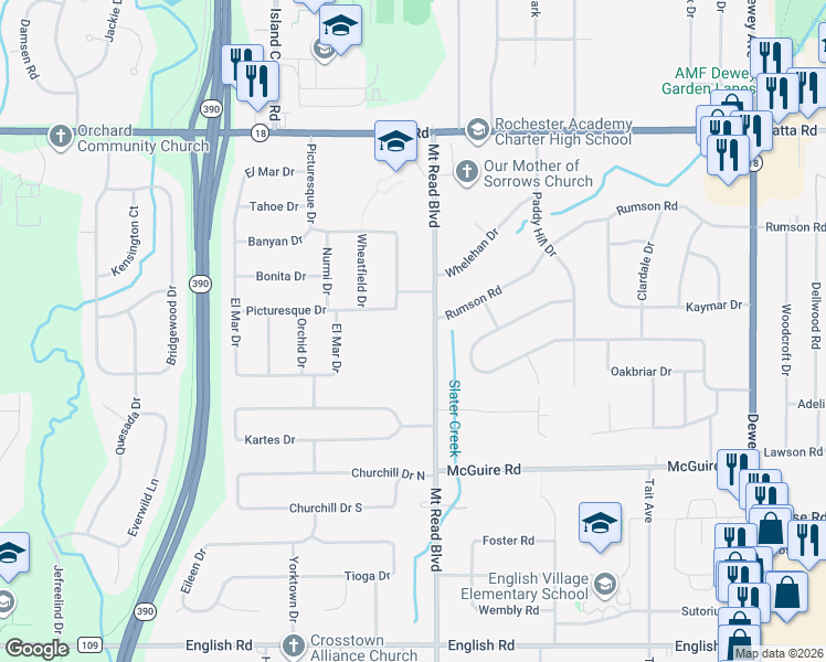 map of restaurants, bars, coffee shops, grocery stores, and more near 4699 Mount Read Boulevard in Rochester