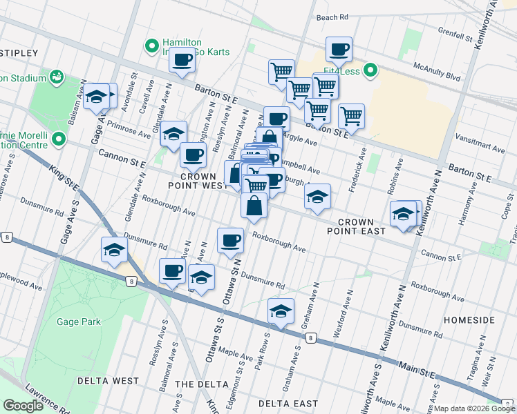 map of restaurants, bars, coffee shops, grocery stores, and more near 2 Ottawa Street North in Hamilton
