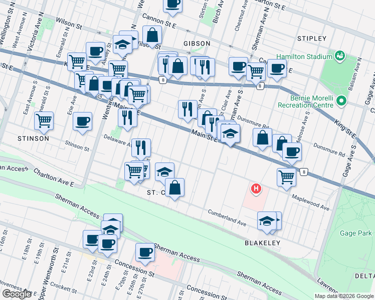 map of restaurants, bars, coffee shops, grocery stores, and more near 147 Holton Avenue South in Hamilton