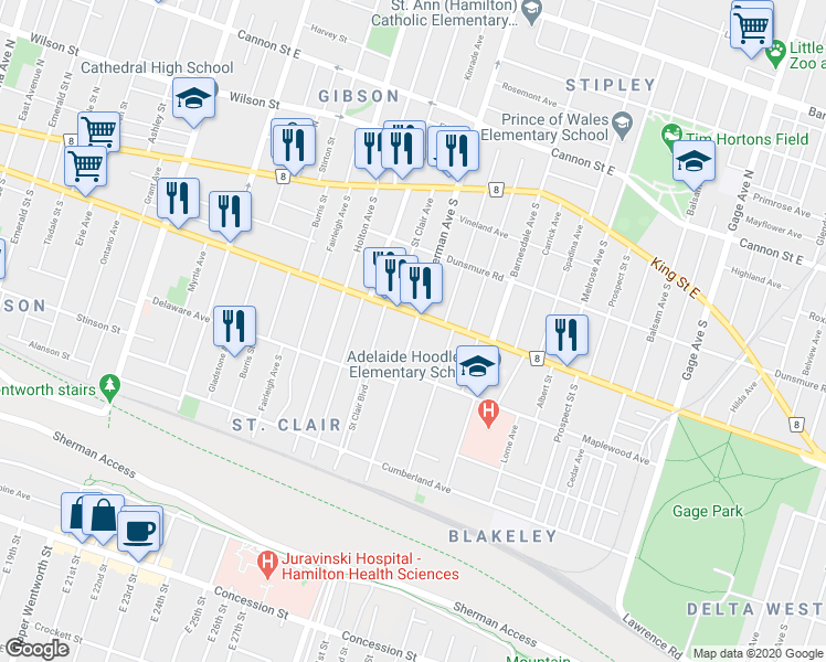 map of restaurants, bars, coffee shops, grocery stores, and more near 134 Sherman Avenue South in Hamilton