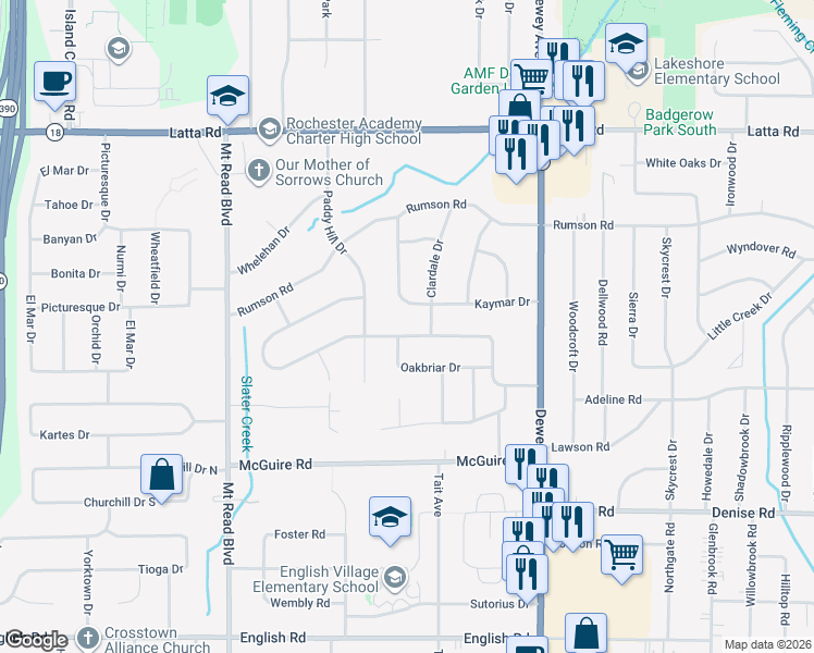map of restaurants, bars, coffee shops, grocery stores, and more near 174 Kaymar Drive in Rochester