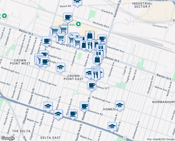map of restaurants, bars, coffee shops, grocery stores, and more near in Hamilton