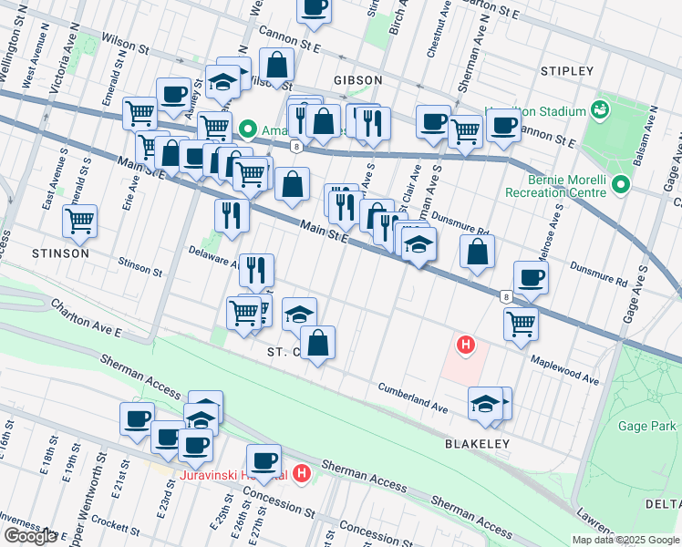 map of restaurants, bars, coffee shops, grocery stores, and more near 656 Main Street East in Hamilton