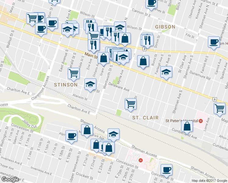 map of restaurants, bars, coffee shops, grocery stores, and more near 22 Delaware Avenue in Hamilton
