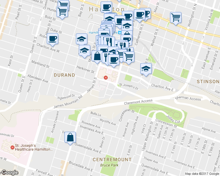 map of restaurants, bars, coffee shops, grocery stores, and more near in Hamilton