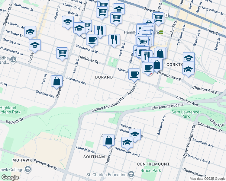 map of restaurants, bars, coffee shops, grocery stores, and more near 20 Chilton Place in Hamilton