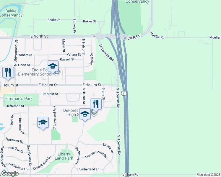 map of restaurants, bars, coffee shops, grocery stores, and more near 7307 U.S. 51 in DeForest