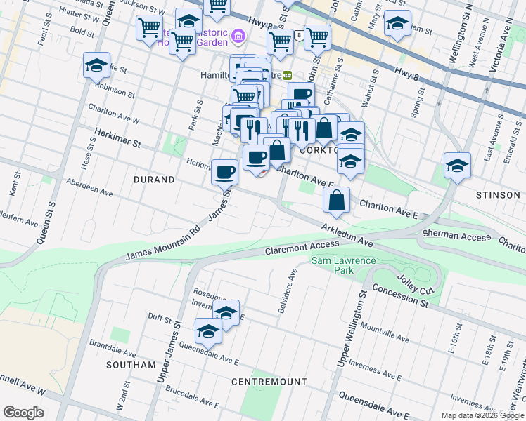 map of restaurants, bars, coffee shops, grocery stores, and more near 10 Rockwood Place in Hamilton
