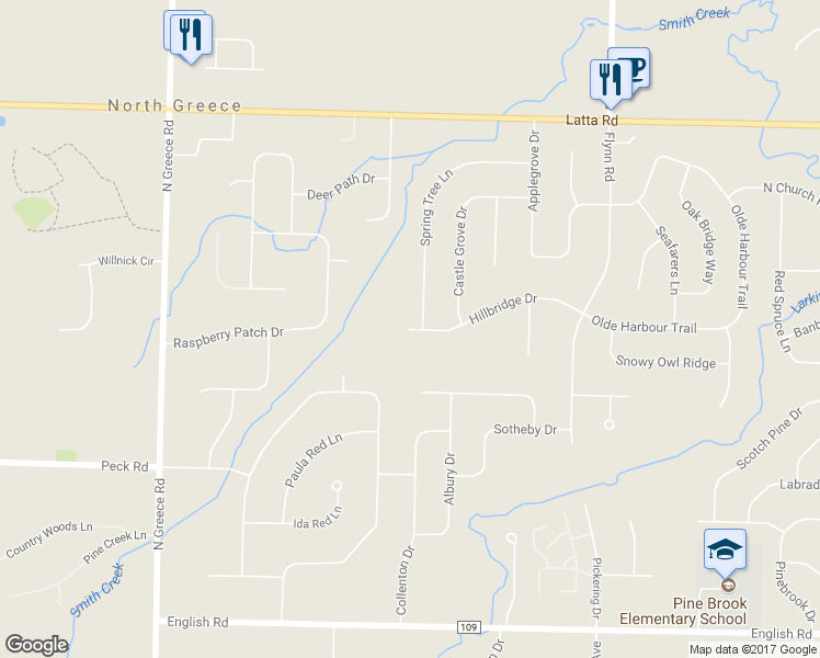 map of restaurants, bars, coffee shops, grocery stores, and more near 243 Hillbridge Drive in Rochester
