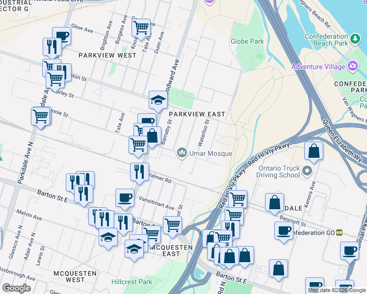map of restaurants, bars, coffee shops, grocery stores, and more near 535 Quebec Street in Hamilton