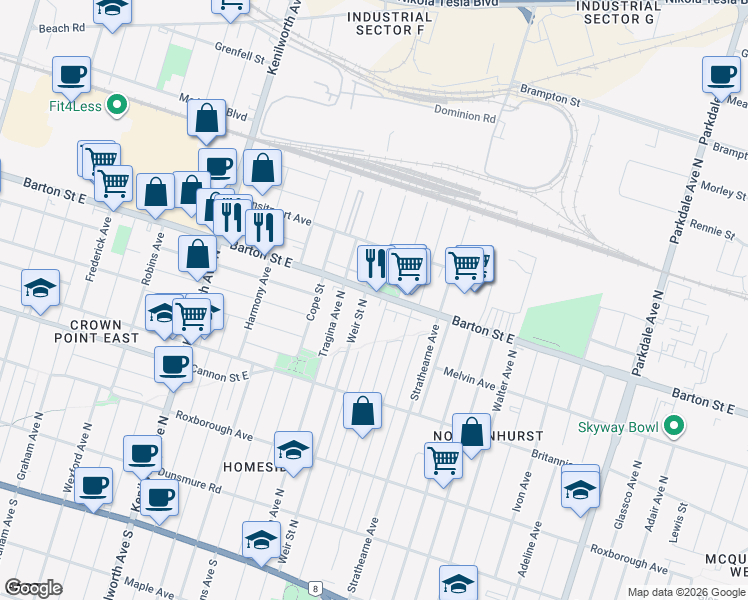 map of restaurants, bars, coffee shops, grocery stores, and more near 1475 Barton Street East in Hamilton