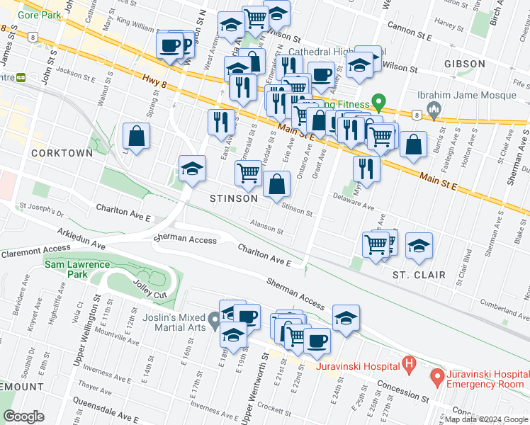 map of restaurants, bars, coffee shops, grocery stores, and more near 134 Erie Avenue in Hamilton