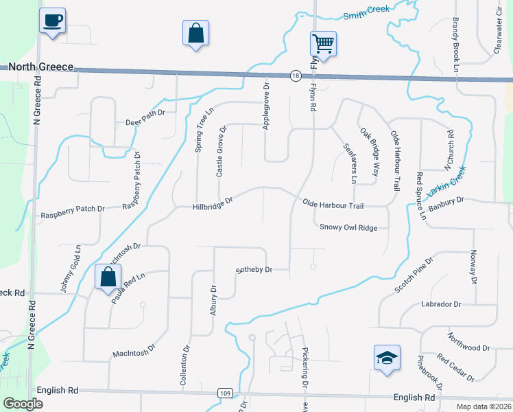 map of restaurants, bars, coffee shops, grocery stores, and more near 101 Hillbridge Drive in Rochester