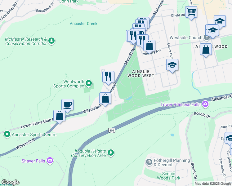 map of restaurants, bars, coffee shops, grocery stores, and more near 1967 Main Street West in Hamilton
