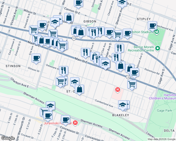 map of restaurants, bars, coffee shops, grocery stores, and more near 32 Eastbourne Avenue in Hamilton