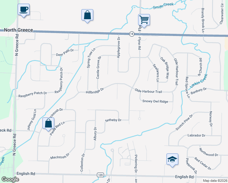 map of restaurants, bars, coffee shops, grocery stores, and more near 101 Hillbridge Drive in Rochester