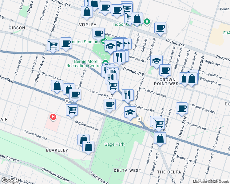 map of restaurants, bars, coffee shops, grocery stores, and more near in Hamilton