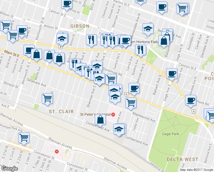map of restaurants, bars, coffee shops, grocery stores, and more near in Hamilton