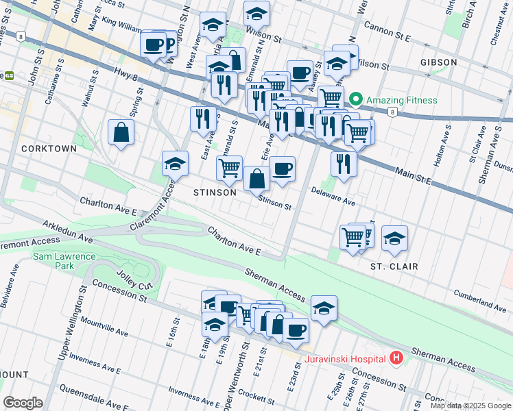 map of restaurants, bars, coffee shops, grocery stores, and more near in Hamilton