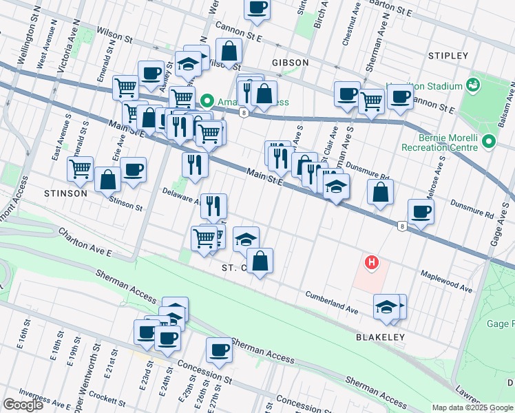 map of restaurants, bars, coffee shops, grocery stores, and more near Fairleigh Avenue South in Hamilton