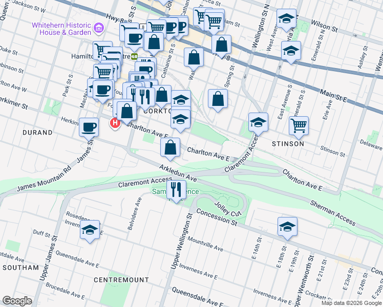 map of restaurants, bars, coffee shops, grocery stores, and more near 200 Charlton Avenue East in Hamilton