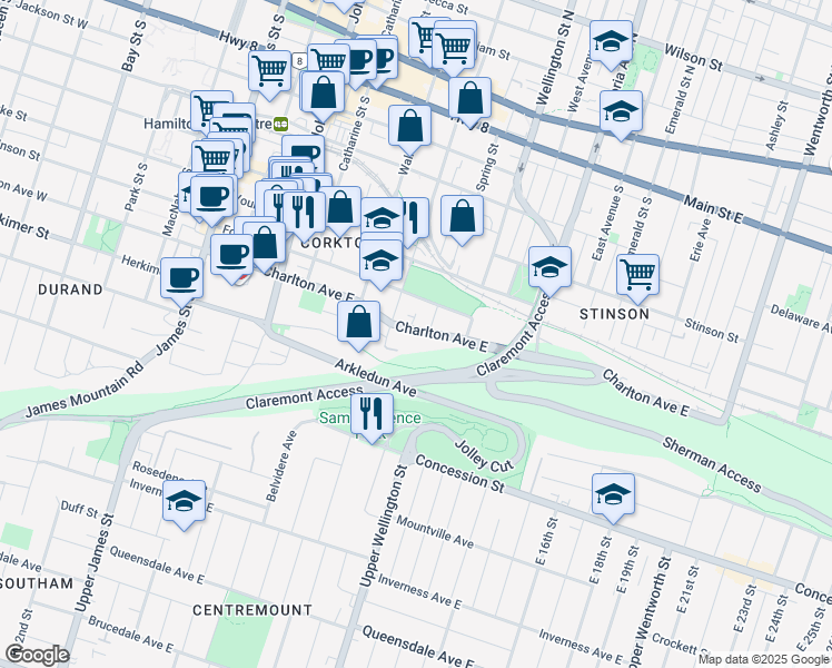 map of restaurants, bars, coffee shops, grocery stores, and more near 210 Charlton Avenue East in Hamilton