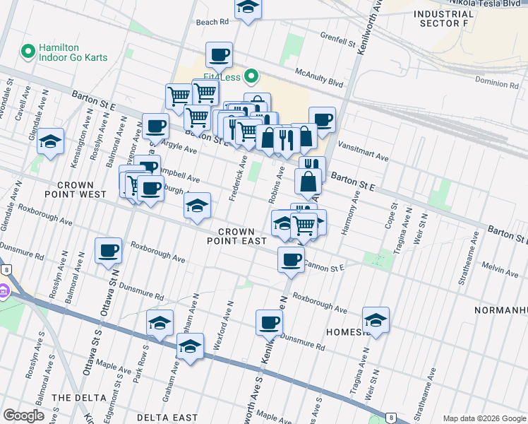 map of restaurants, bars, coffee shops, grocery stores, and more near 69 Robins Avenue in Hamilton