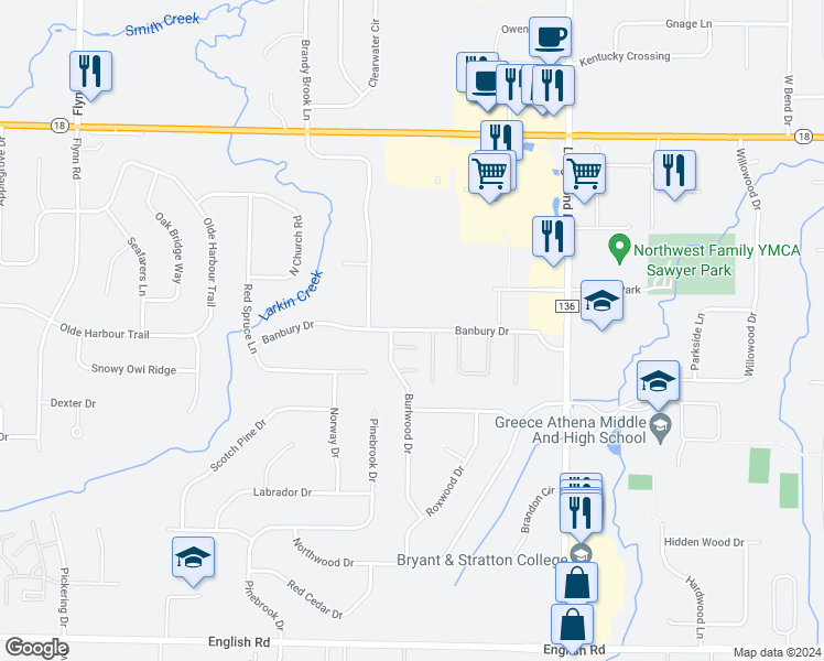 map of restaurants, bars, coffee shops, grocery stores, and more near 69 Banbury Drive in Rochester