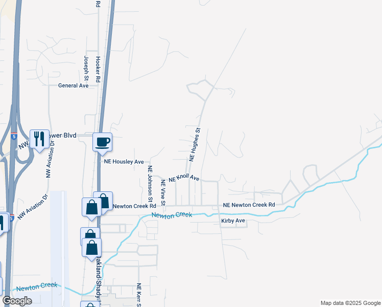 map of restaurants, bars, coffee shops, grocery stores, and more near 3266 Northeast Hughes Street in Roseburg