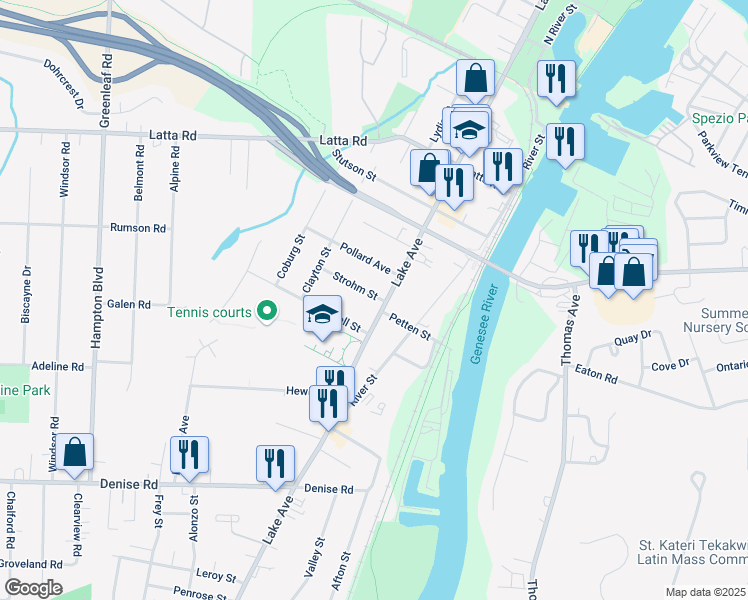 map of restaurants, bars, coffee shops, grocery stores, and more near 46 Strohm Street in Rochester