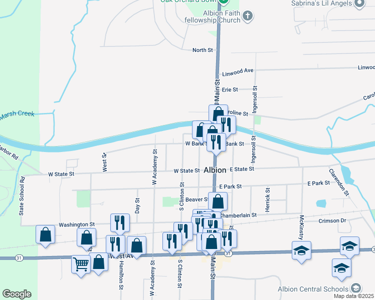 map of restaurants, bars, coffee shops, grocery stores, and more near 135 West Bank Street in Albion