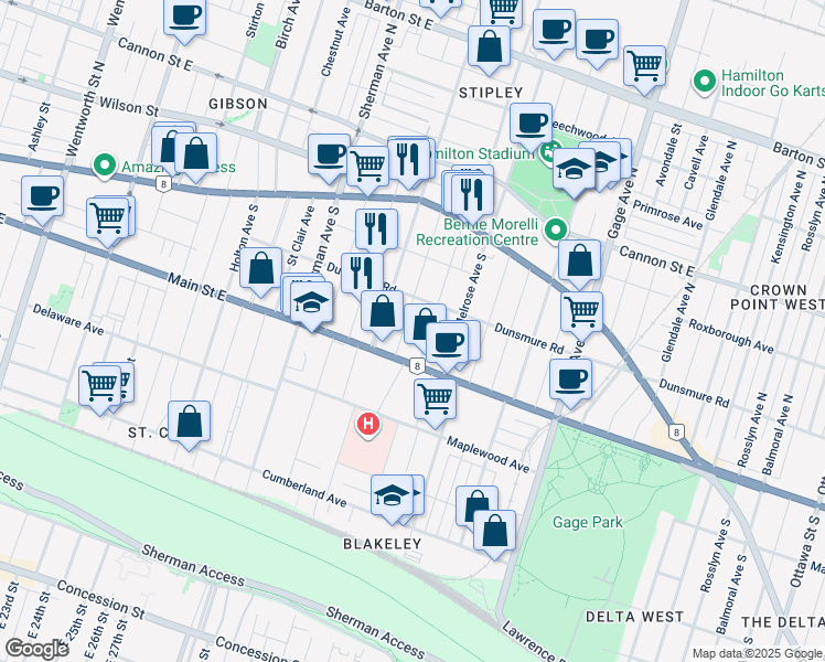 map of restaurants, bars, coffee shops, grocery stores, and more near in Hamilton