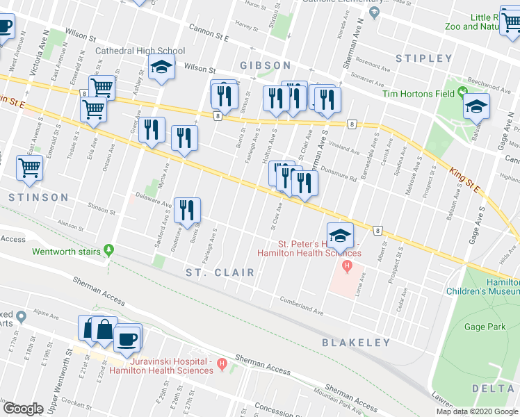 map of restaurants, bars, coffee shops, grocery stores, and more near 700 Main Street East in Hamilton