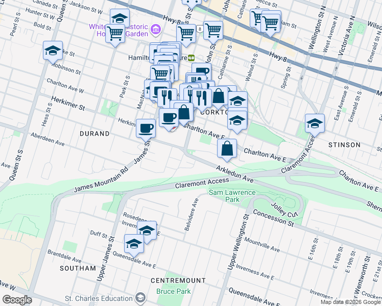 map of restaurants, bars, coffee shops, grocery stores, and more near 97 Saint Joseph's Drive in Hamilton
