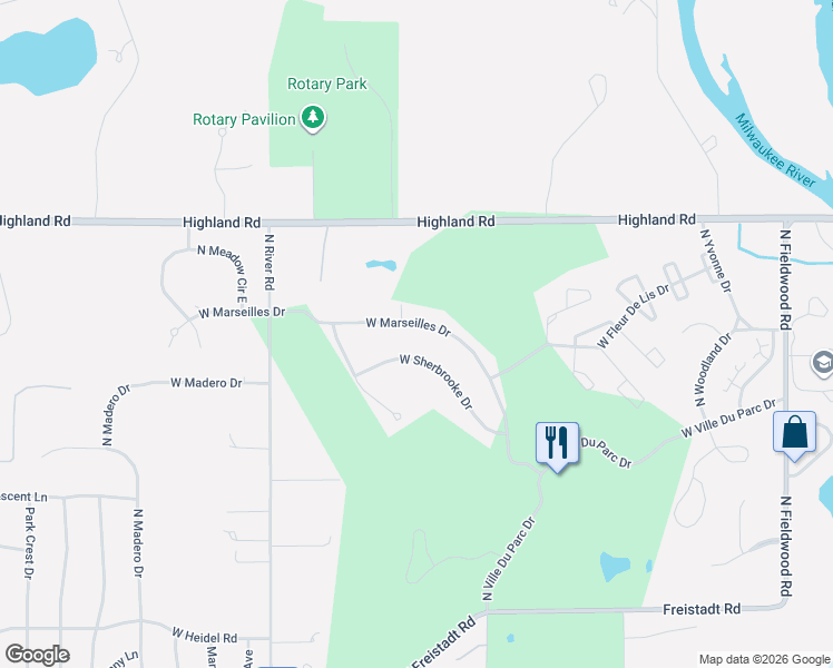 map of restaurants, bars, coffee shops, grocery stores, and more near 3816 Montpellier Lane in Mequon