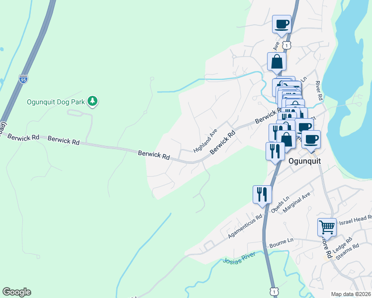 map of restaurants, bars, coffee shops, grocery stores, and more near 23 South Street in Ogunquit