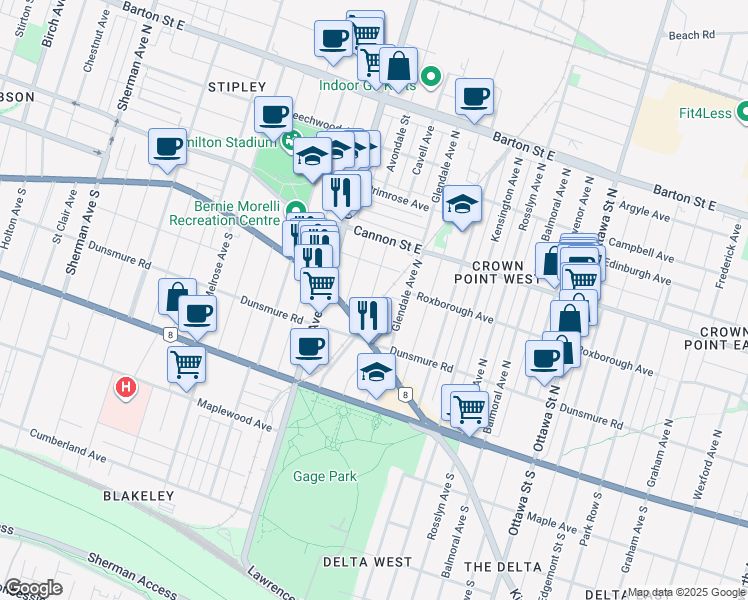 map of restaurants, bars, coffee shops, grocery stores, and more near 24 East Bend Avenue North in Hamilton