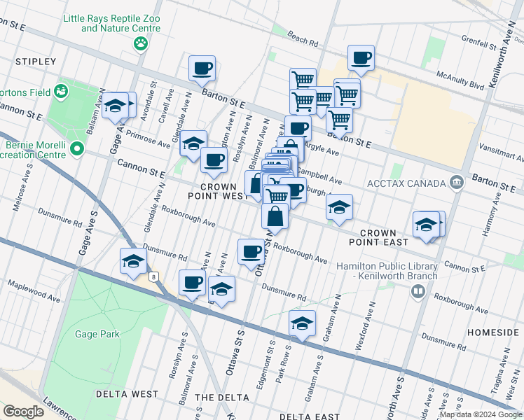 map of restaurants, bars, coffee shops, grocery stores, and more near in Hamilton
