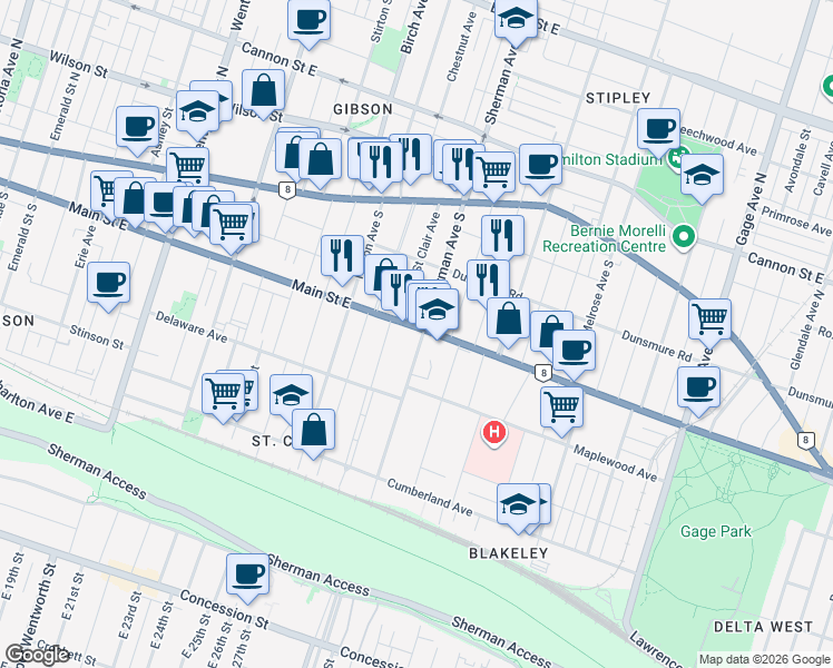 map of restaurants, bars, coffee shops, grocery stores, and more near in Hamilton