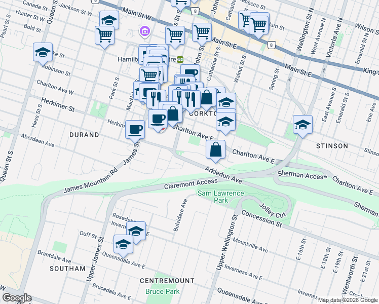 map of restaurants, bars, coffee shops, grocery stores, and more near 97 Saint Joseph's Drive in Hamilton