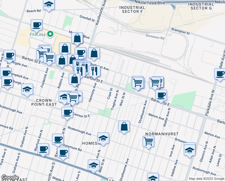 map of restaurants, bars, coffee shops, grocery stores, and more near 294 Cope Street in Hamilton