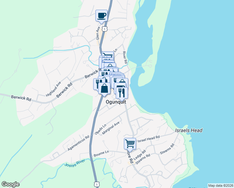 map of restaurants, bars, coffee shops, grocery stores, and more near 38 Shore Road in Ogunquit